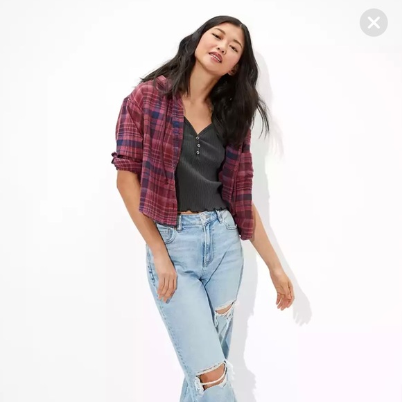 American Eagle Outfitters Tops - AE Cropped Hooded Flannel Shirt size XL NEW